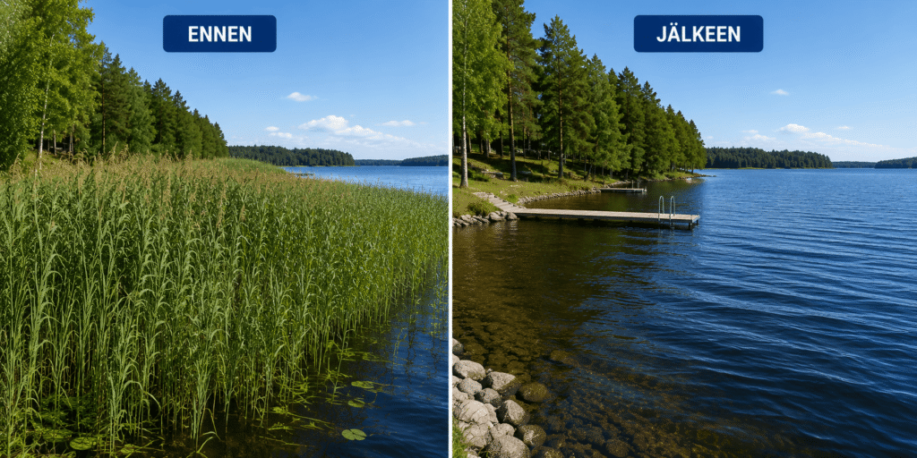 Esimerkki ranta kaislan poiston jälkeen